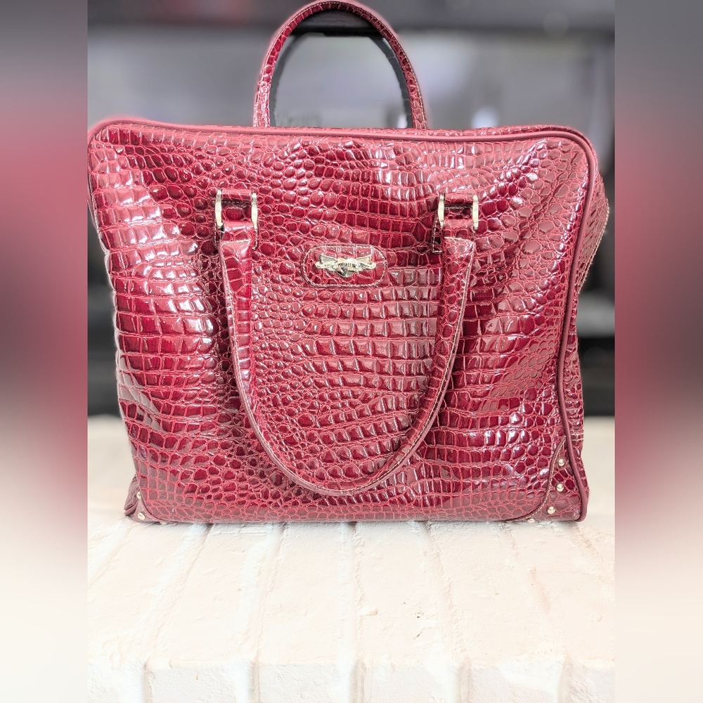 Kathy Van Zeeland Crocodile Weekender Travel Tote Burgundy Quiet Luxury Boho
